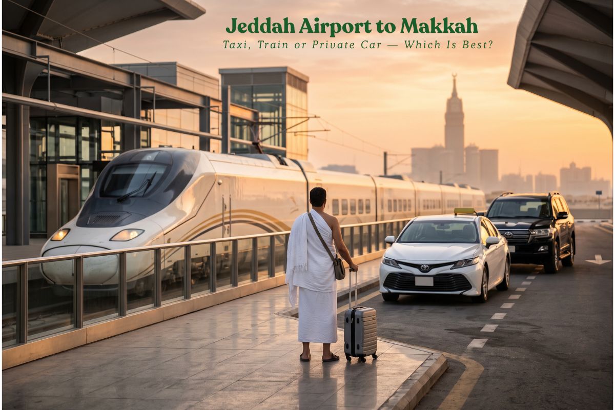 Haramain high-speed train and a taxi at Jeddah Airport with the Makkah Clock Tower on the horizon — comparing transport options from Jeddah Airport to Makkah