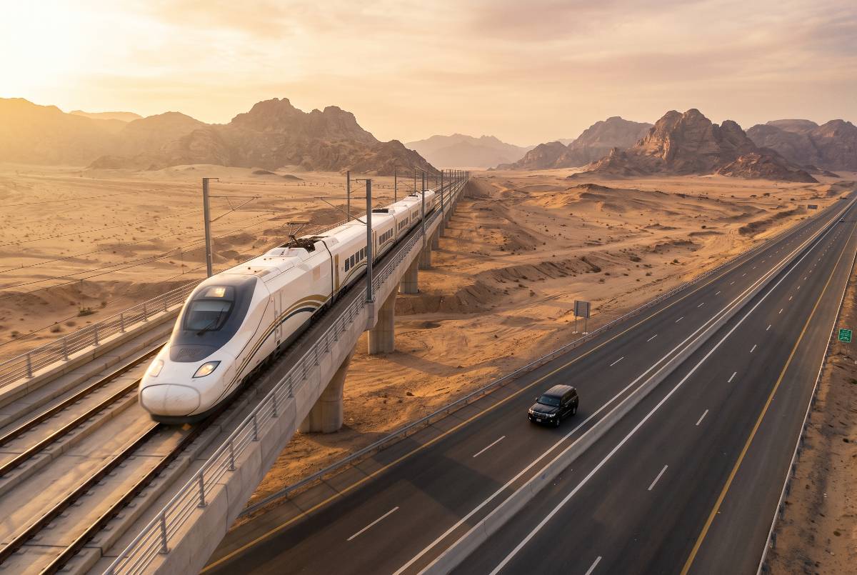 Haramain high-speed train crossing the desert between Makkah and Madinah with a private SUV on the parallel highway — comparing travel options between the two holy cities