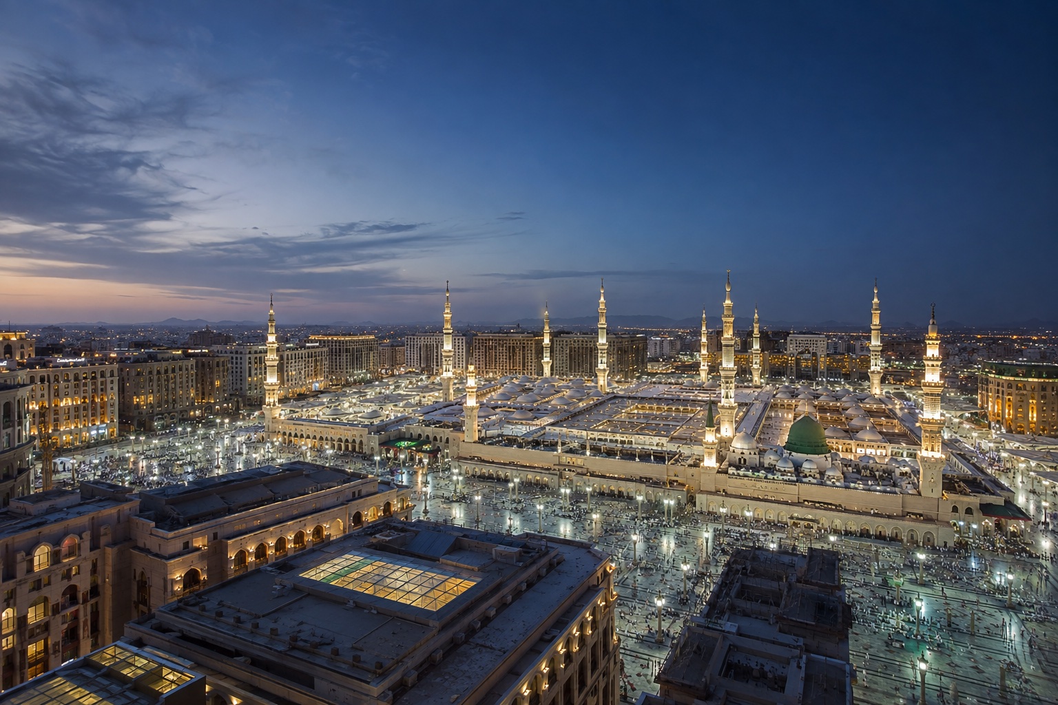 Hotels surrounding Masjid an-Nabawi in Madinah, showing accommodation areas around the Prophet's Mosque for families, couples and elderly travellers
