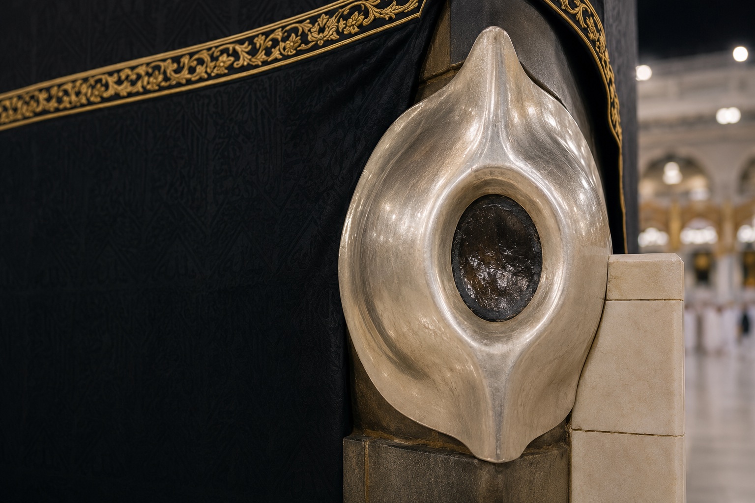 The silver frame holding Hajar al-Aswad in the corner of the Kaaba, photographed from a respectful distance.