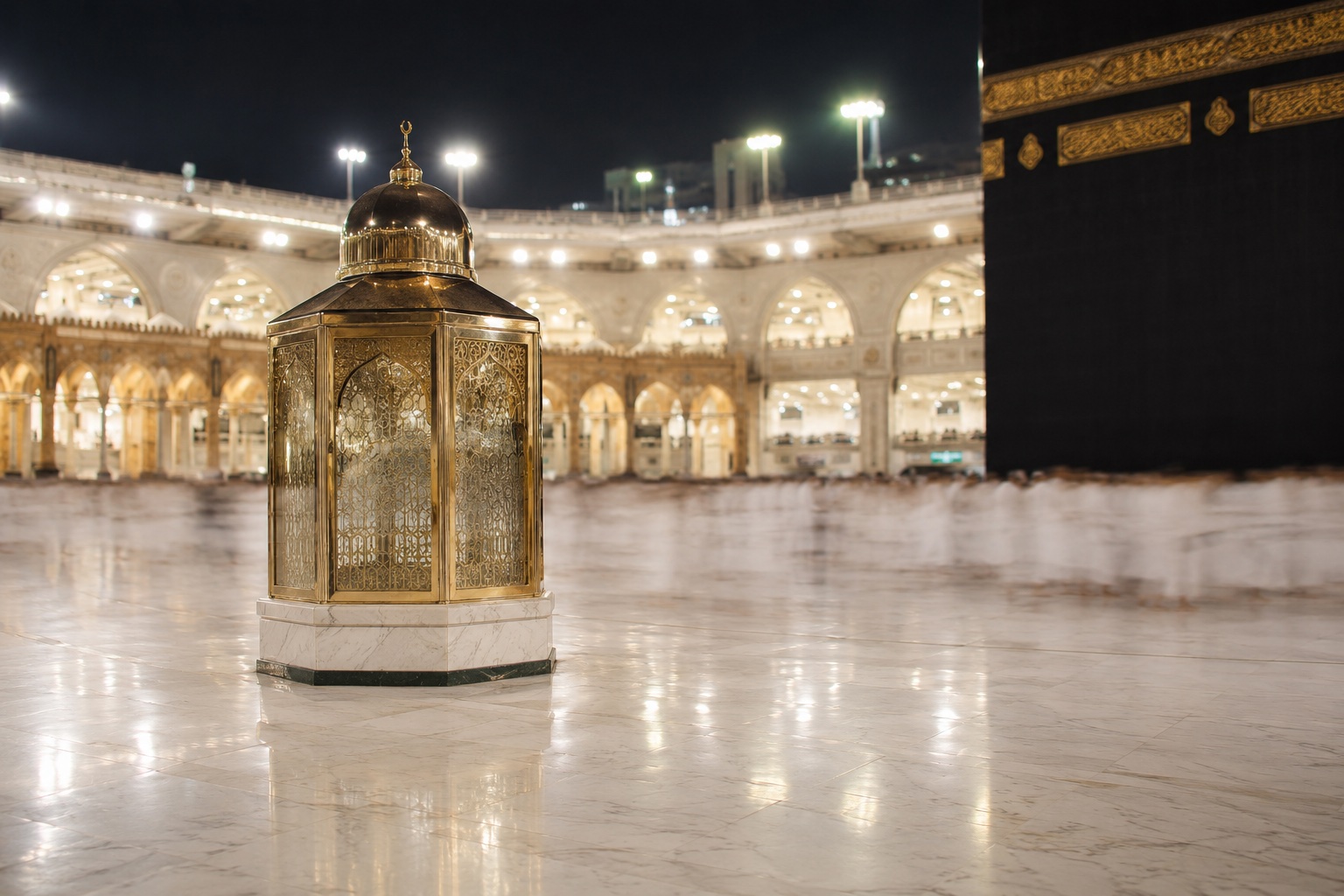 The crystal and gold-framed enclosure of Maqam Ibrahim standing on the polished marble mataf a few metres from the Kaaba inside Masjid al-Haram, Makkah, with pilgrims circling past as soft motion blur