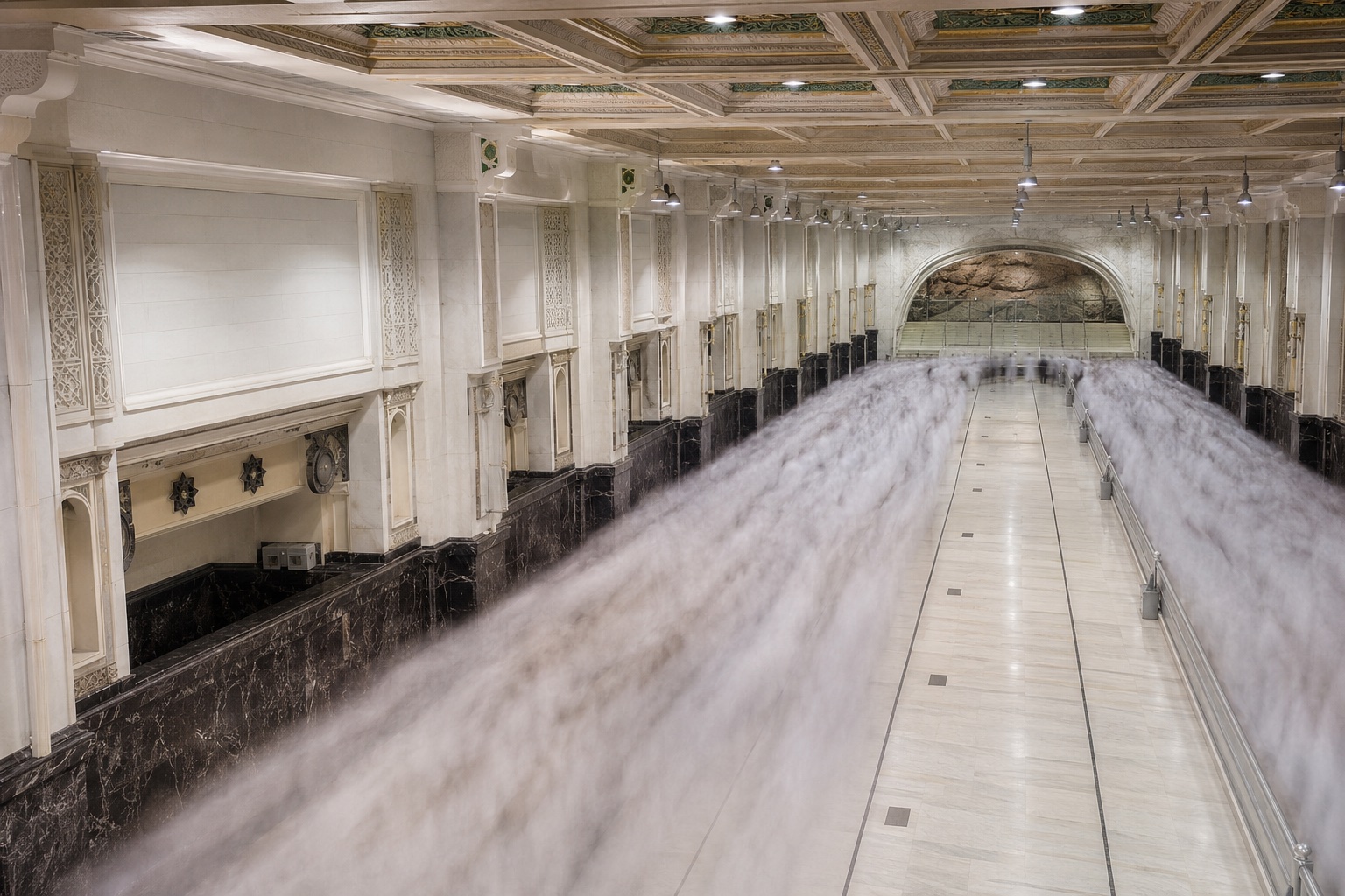 The wide arch and marble steps at the Marwah end of the mas'a gallery inside Masjid al-Haram in Makkah, with the exposed rock of the hill behind glass and pilgrims finishing sa'i as soft motion blur