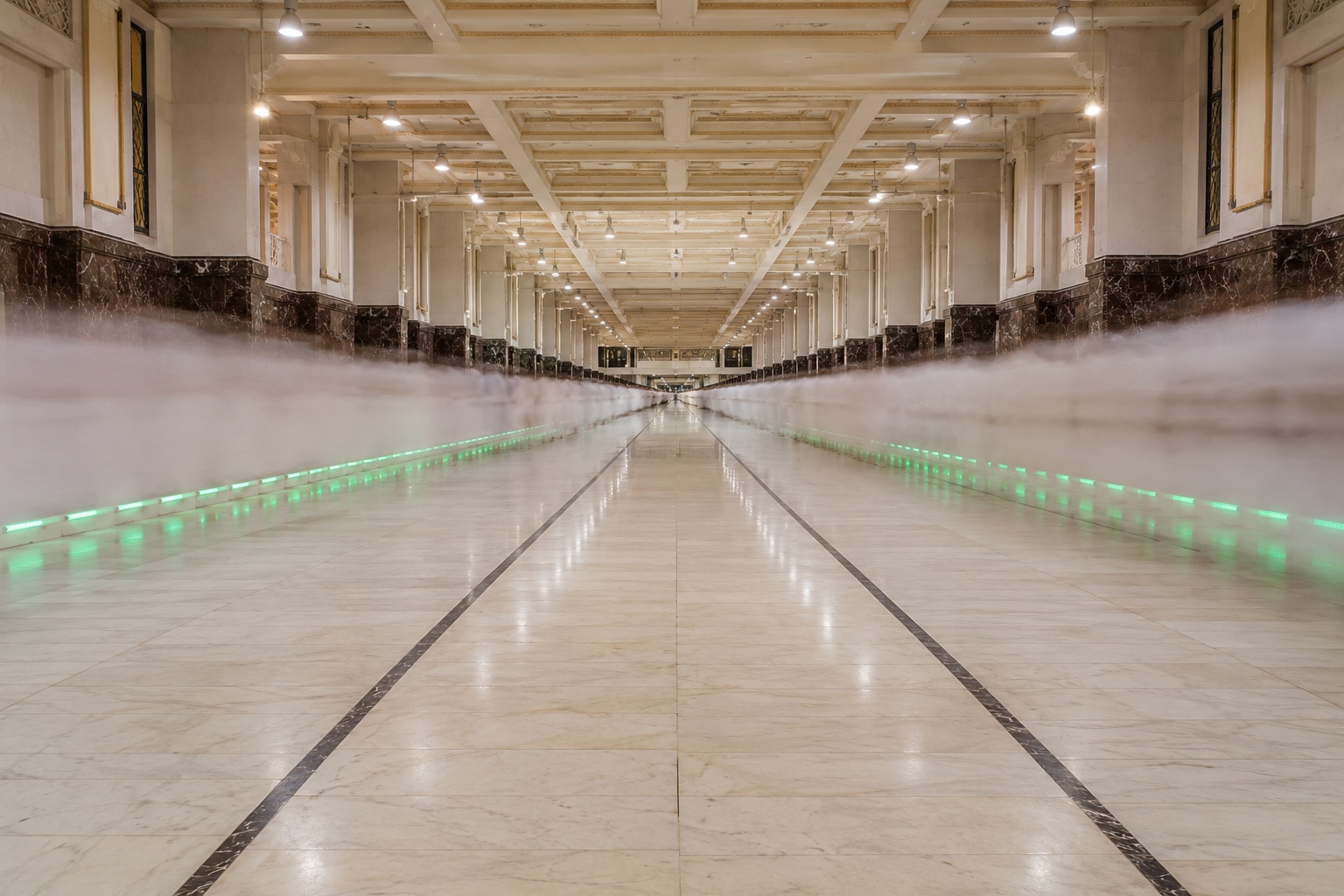 The marble mas'a gallery inside Masjid al-Haram in Makkah, looking towards the arch of Marwah, with pilgrims in white ihram blurred in motion along the lanes.