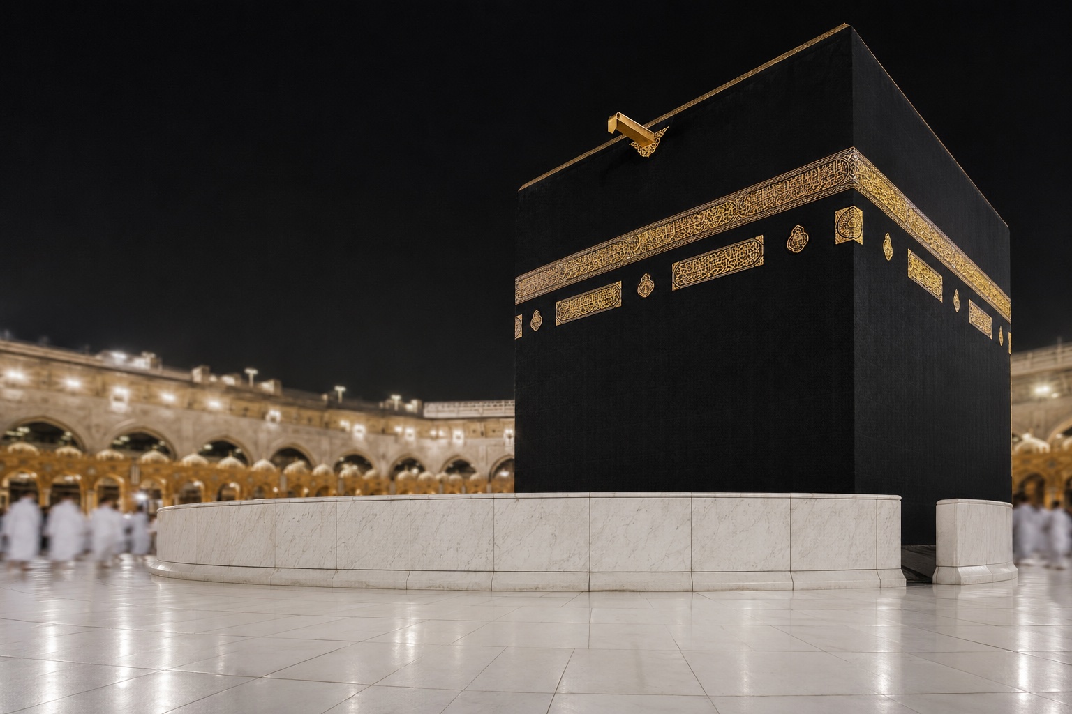 The low semicircular white marble wall of Hijr Ismail curving out from the black-draped Kaaba in Masjid al-Haram, Makkah, with the golden Mizab al-Rahmah spout above and pilgrims blurred in motion.