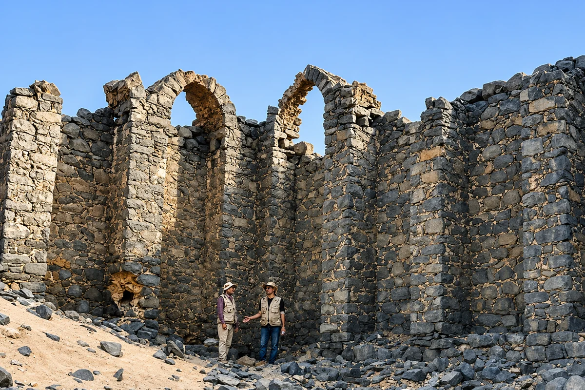 Excavated black basalt walls and foundations of a ruined town at al-Juhfah, a circular stone pool in the foreground, dry plain and low hills beyond under a wide sky.