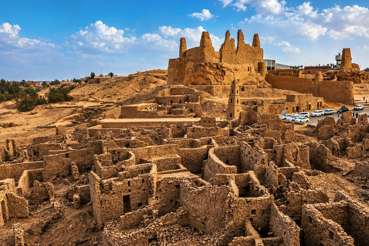 The stone walls and round towers of Qasr Marid rising above the old mud-brick quarter of Dumat al-Jandal, with palm groves beyond.
