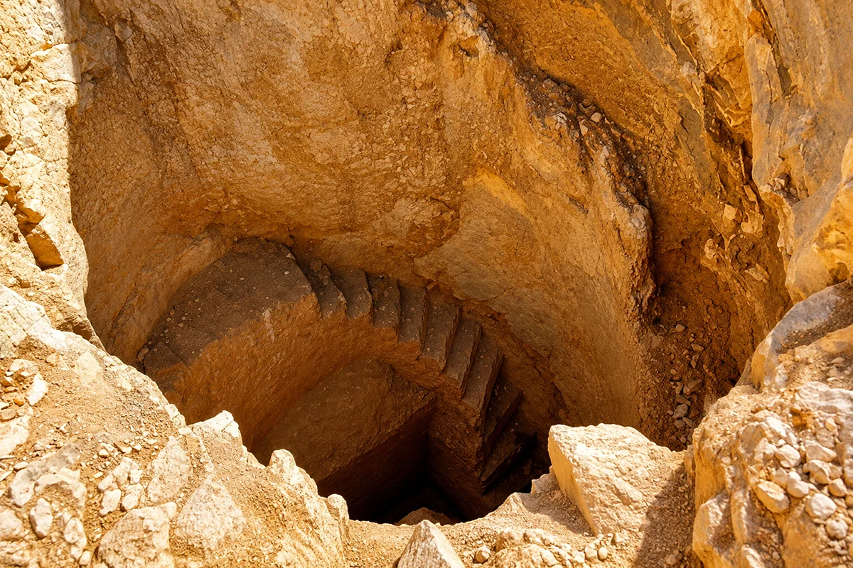 The broken stone lining of an ancient well set in dry ground at al-Bad', partly collapsed, with remains of channels and palms beyond.