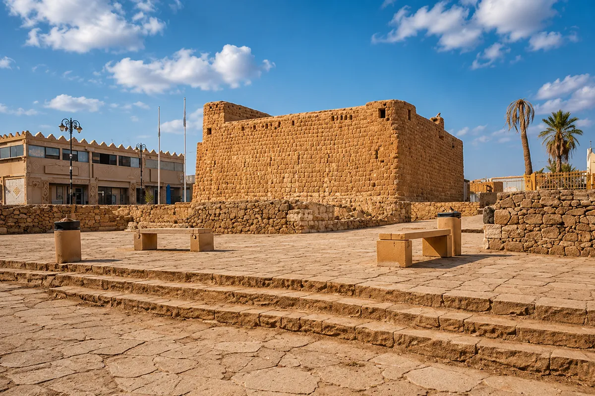A stone-lined semi-circular spring pool set in a landscaped heritage area in central Tabuk, with the old castle wall visible behind it.