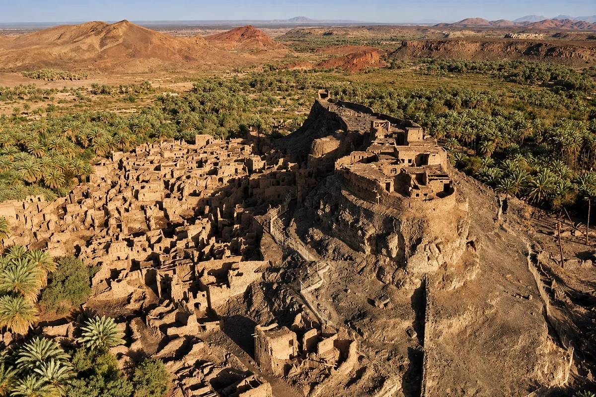 The main stone castle at Khaybar standing high on a rocky ridge above the old town, weathered and unrestored, seen from below in late afternoon light.