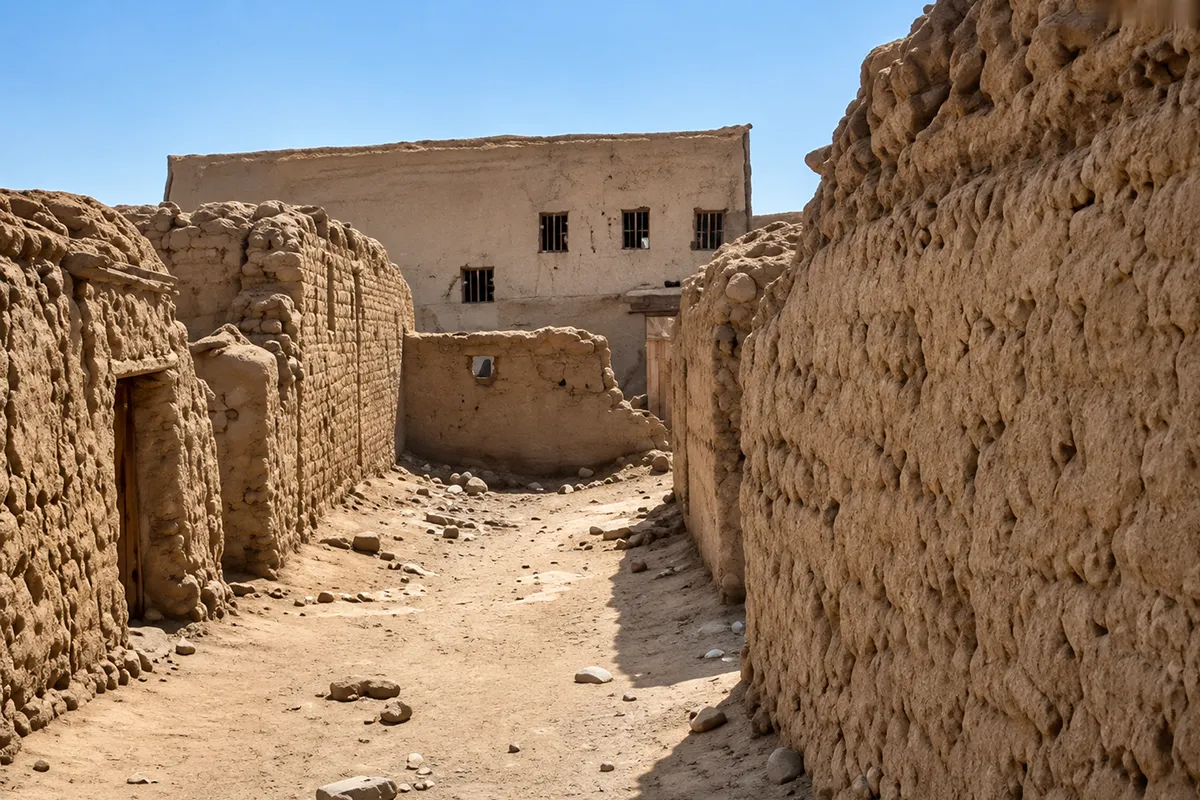 Ruined stone fortification walls on a rocky outcrop in the al-Natat area of Khaybar, unrestored, with palm cultivation and lava fields beyond.