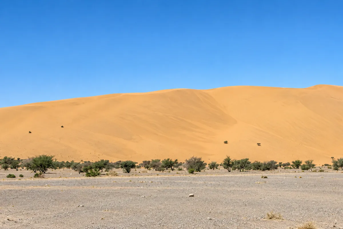 A low sandy ridge on the near side of the valley at Badr, its slope running down to the open plain, with the far ridge visible across the ground.