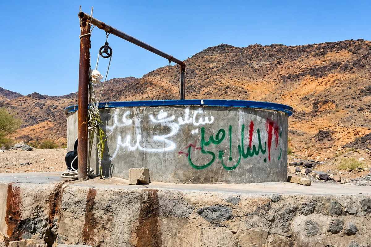 Open gravel ground at Badr with a shallow depression and scattered stones where wells once stood, low sandy ridges behind, in early morning light.