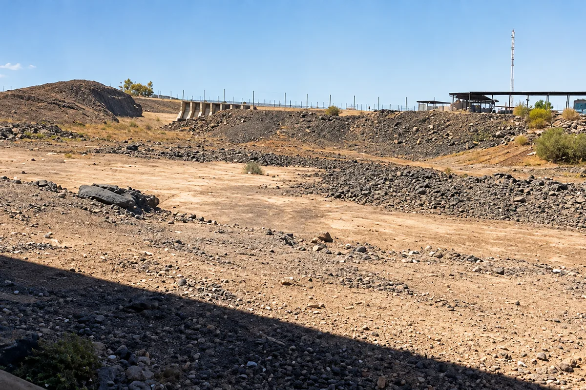 A dry gravel wadi bed running between low banks through the built-up area of Madinah, with a road bridge crossing it and buildings on both sides.