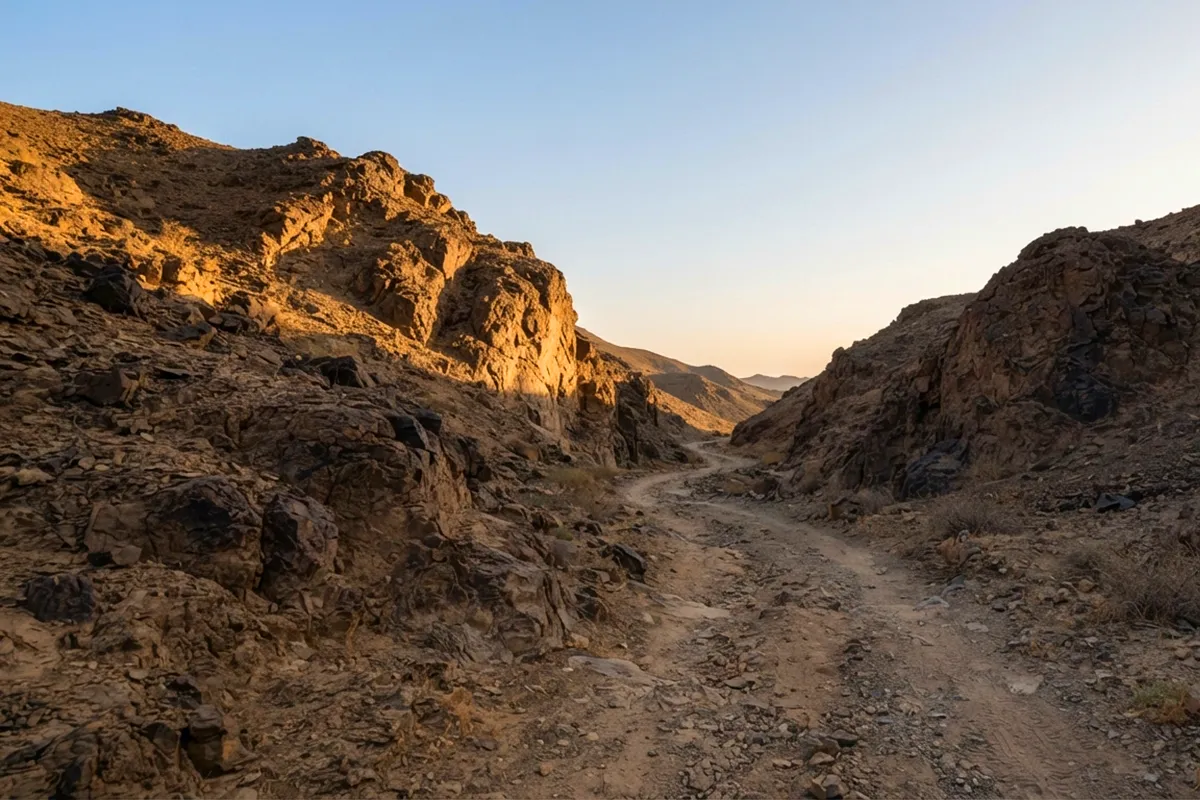 A narrow rocky pass between two low bare hills on the edge of Madinah, dry gravel underfoot and open sky above, in early morning light.