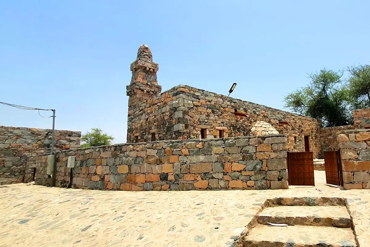 A modest old mosque on the edge of Taif farmland, plain rendered walls and a single low minaret, an old lote tree with dense dark leaves standing beside the boundary wall.